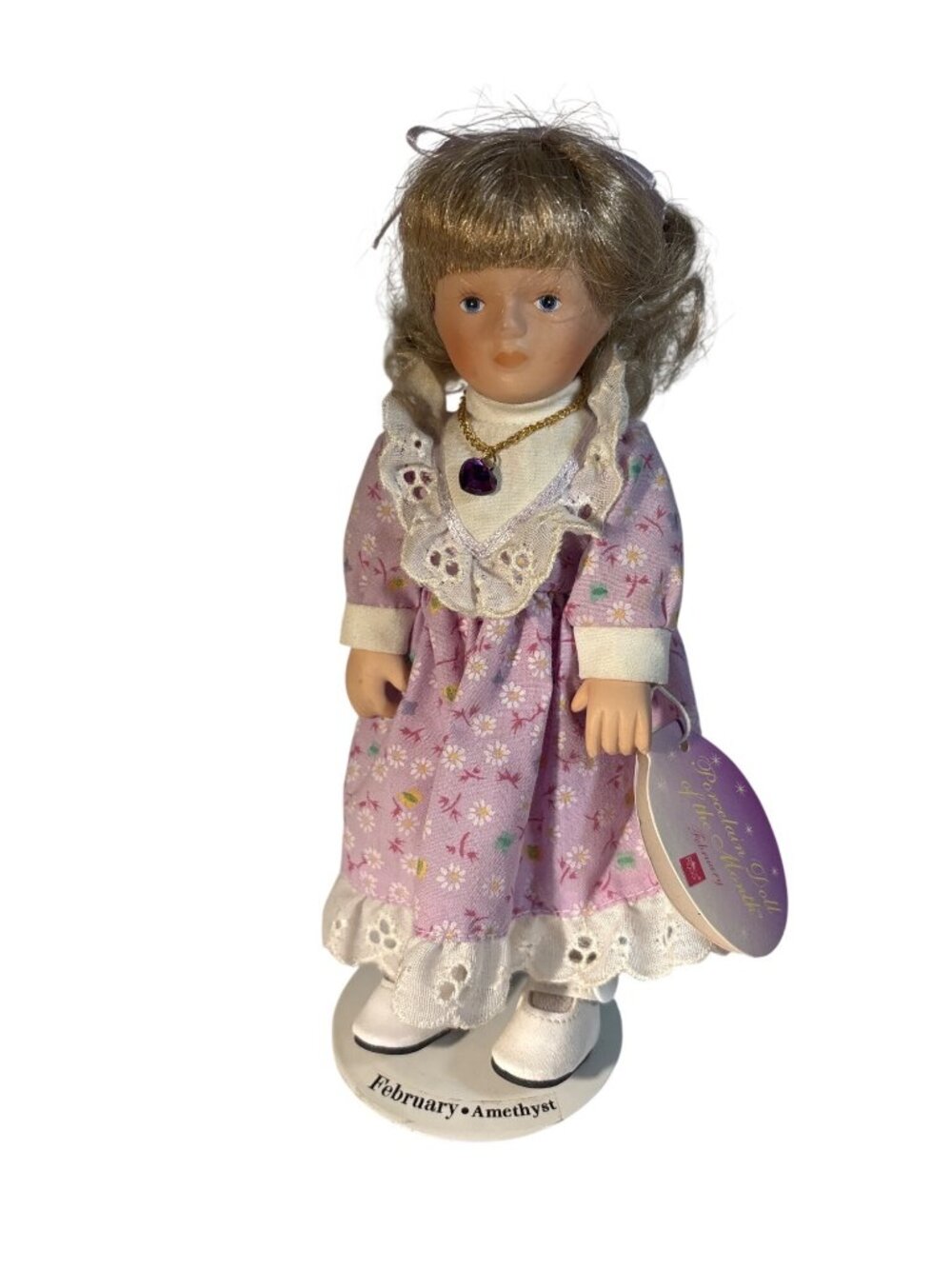 Russ Porcelain Doll Of The Month February Amethyst Heart Necklace Blonde Stand